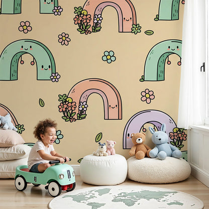 Kids-Mundo rainbow arches wall mural styled in a warm, gender-neutral nursery room