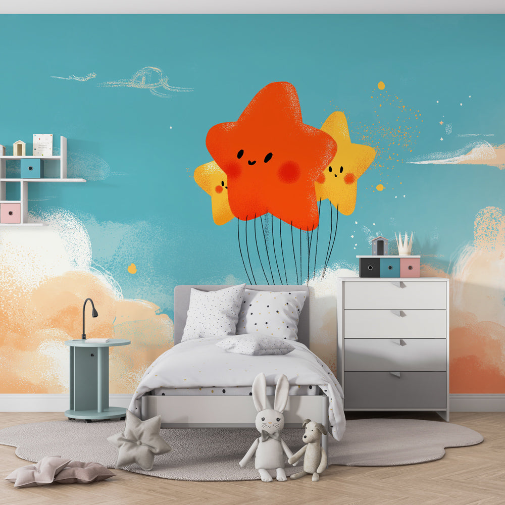 Peaceful nursery featuring smiling stars and clouds mural wallpaper for infant sleep space