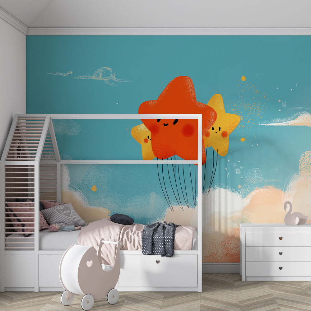 Cloud sky wallpaper creating dreamy atmosphere in baby's room with wooden furniture decor