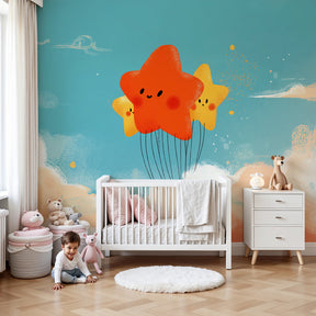 Smiling stars mural wallpaper in modern baby nursery with crib and soft lighting by Kids-Mundo