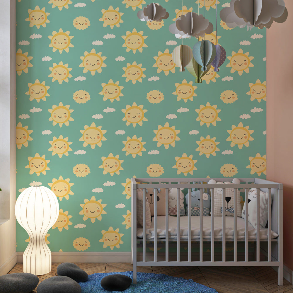 Cheerful sun and clouds wallpaper creating happy atmosphere in children's bedroom