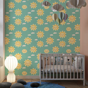 Cheerful sun and clouds wallpaper creating happy atmosphere in children's bedroom