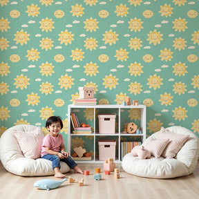 Smiling sun mural wallpaper in bright nursery room with pastel decor by Kids-Mundo