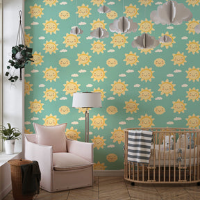 Pastel sun mural wallpaper transforming kids playroom with joyful cloud design
