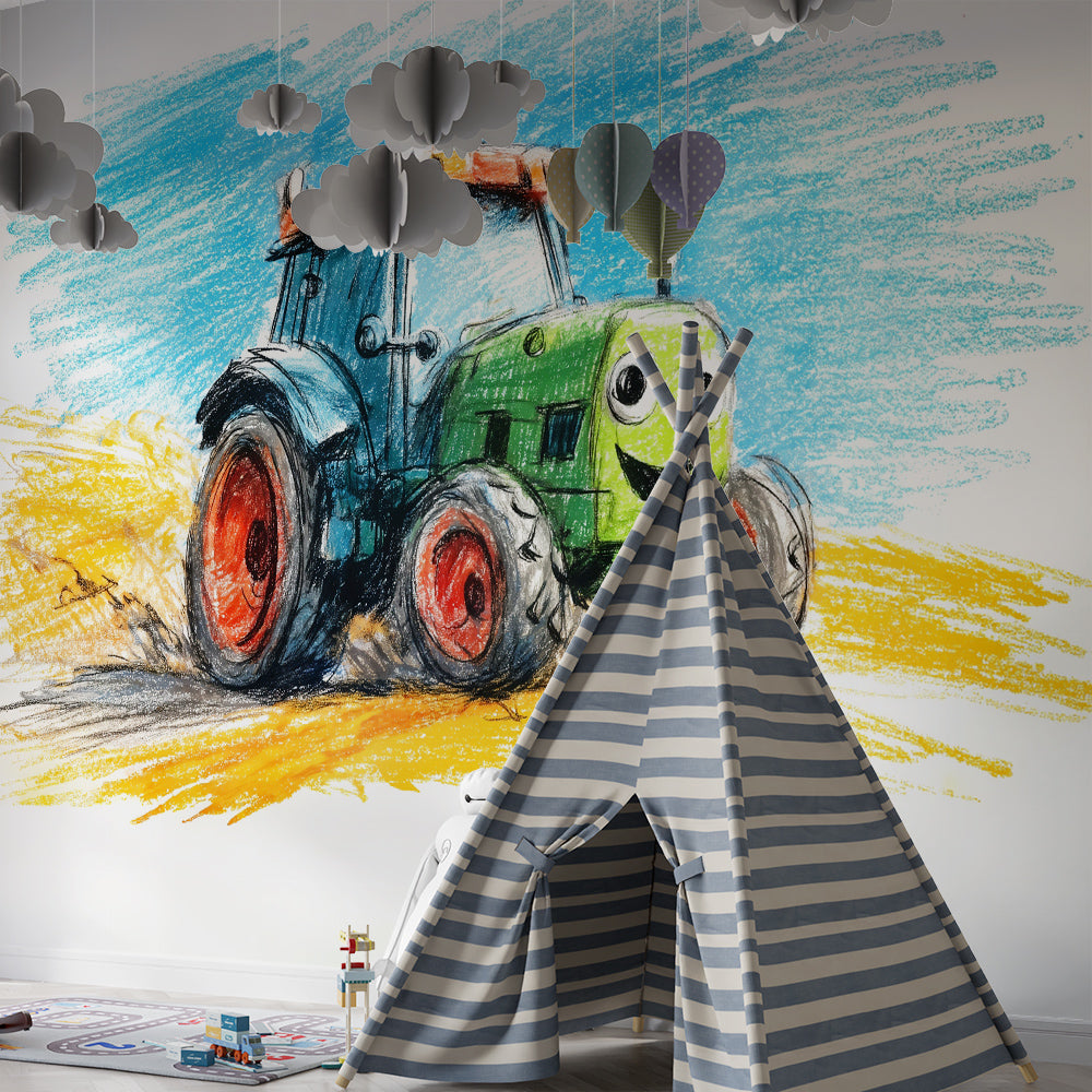 Kids-Mundo green tractor wall mural covering a feature wall in a farm-themed kids bedroom