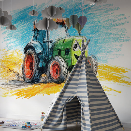 Kids-Mundo green tractor wall mural covering a feature wall in a farm-themed kids bedroom