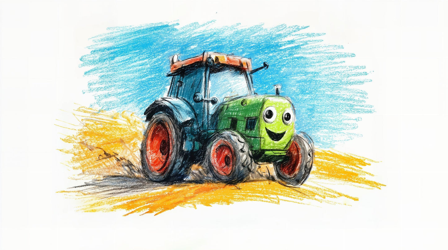 Kids-Mundo flat artwork of a hand-drawn smiling green tractor in a crayon-style field
