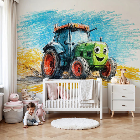 Kids-Mundo smiling tractor wall mural in crayon style behind a cot in a bright nursery