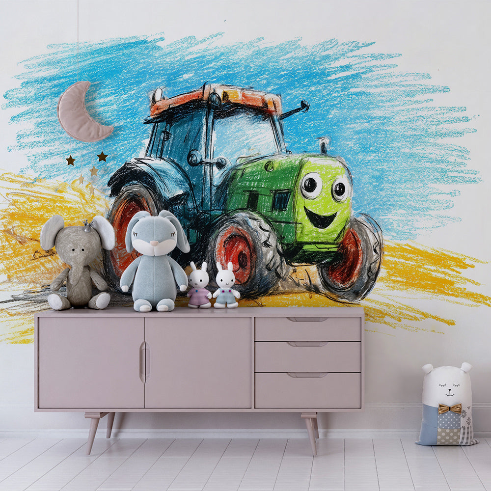Kids-Mundo tractor wall mural with a golden field backdrop in a lively playroom setting