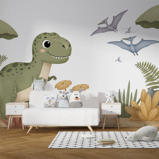Kids-Mundo T-Rex and pterodactyl wall mural covering a wall in a child's bedroom