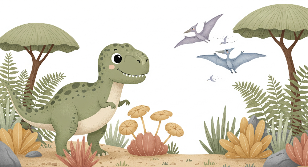 Kids-Mundo flat artwork of a smiling T-Rex greeting pterodactyls over a prehistoric landscape