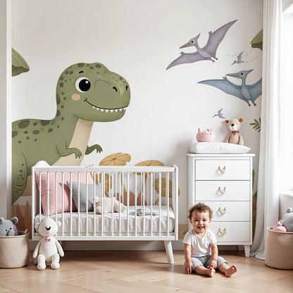 Kids-Mundo smiling T-Rex dinosaur wall mural styled in a toddler's nursery room