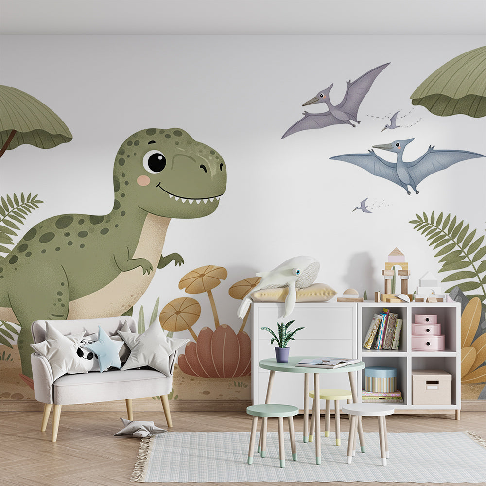 Kids-Mundo dinosaur wall mural set above a toy chest in a children's playroom