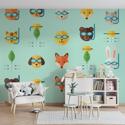 Kids-Mundo snorkelling animal mural wallpaper behind a bunk bed in a bright kids bedroom.