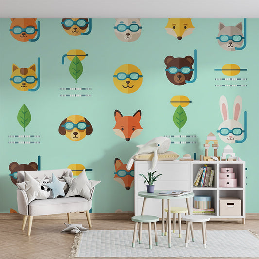Kids-Mundo snorkelling animal mural wallpaper behind a bunk bed in a bright kids bedroom.