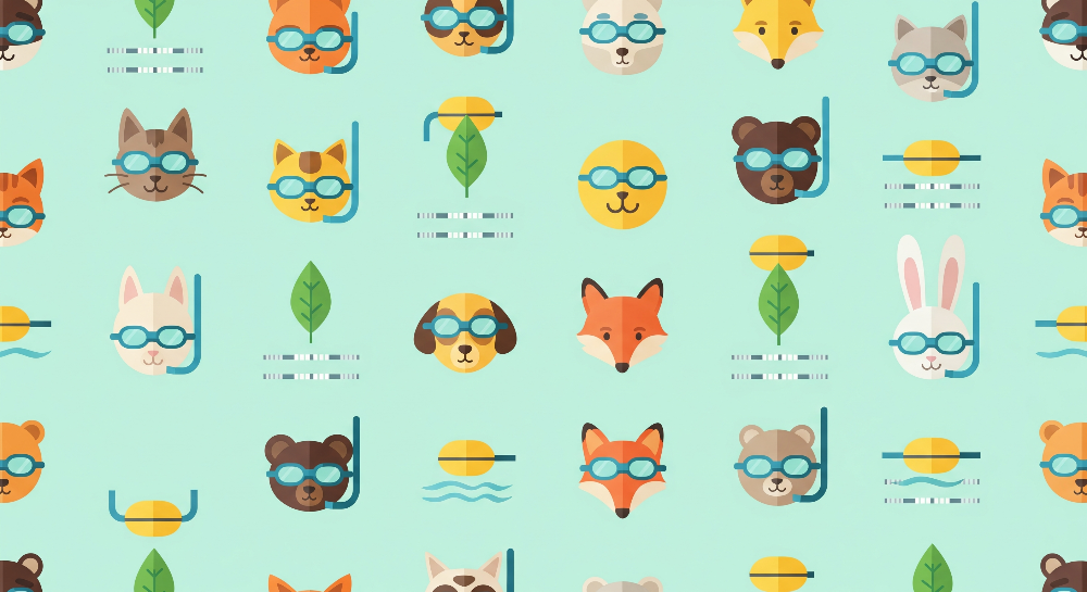Kids-Mundo flat-artwork preview of the snorkelling animal pattern mural design in mint and coral.