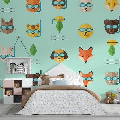 Kids-Mundo snorkelling animal wall mural covering a playroom wall beside toy storage and a rug.