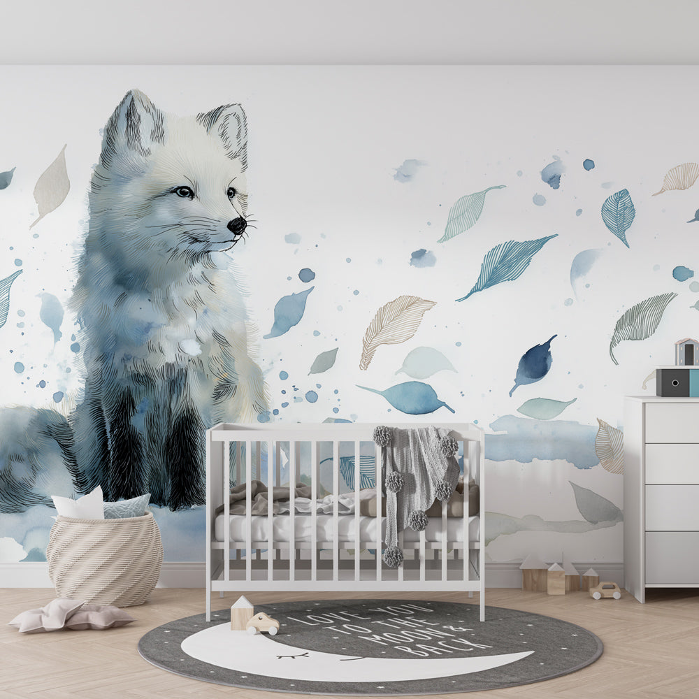Arctic fox mural wallpaper with watercolor leaves transforming kids playroom space