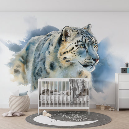 Kids-Mundo snow leopard wall mural printed to measure and installed above a child's bed in a calm blue-grey bedroom.