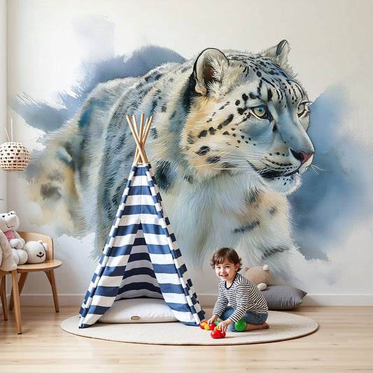Snow leopard wall mural by Kids-Mundo styled in a soft blue nursery with matching nursery wallpaper accents.