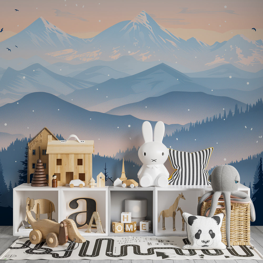 Enchanted forest mountain wallpaper transforming modern kids bedroom into alpine retreat