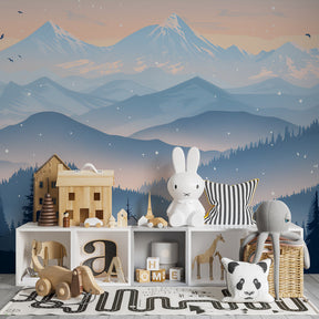 Enchanted forest mountain wallpaper transforming modern kids bedroom into alpine retreat