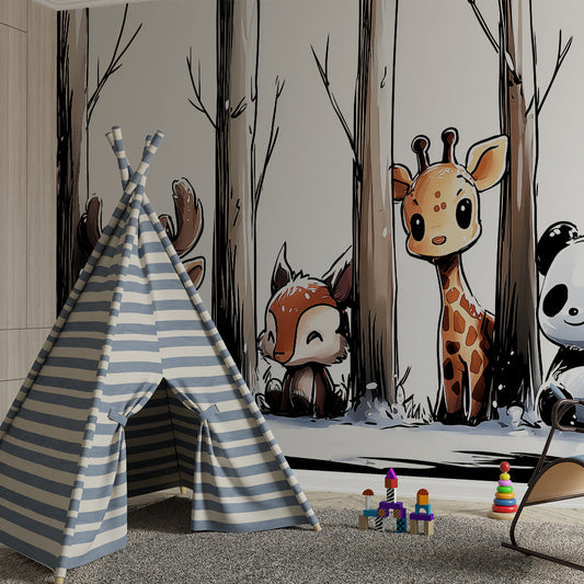Kids-Mundo forest animal wall mural with giraffe and pandas shown in a children's bedroom
