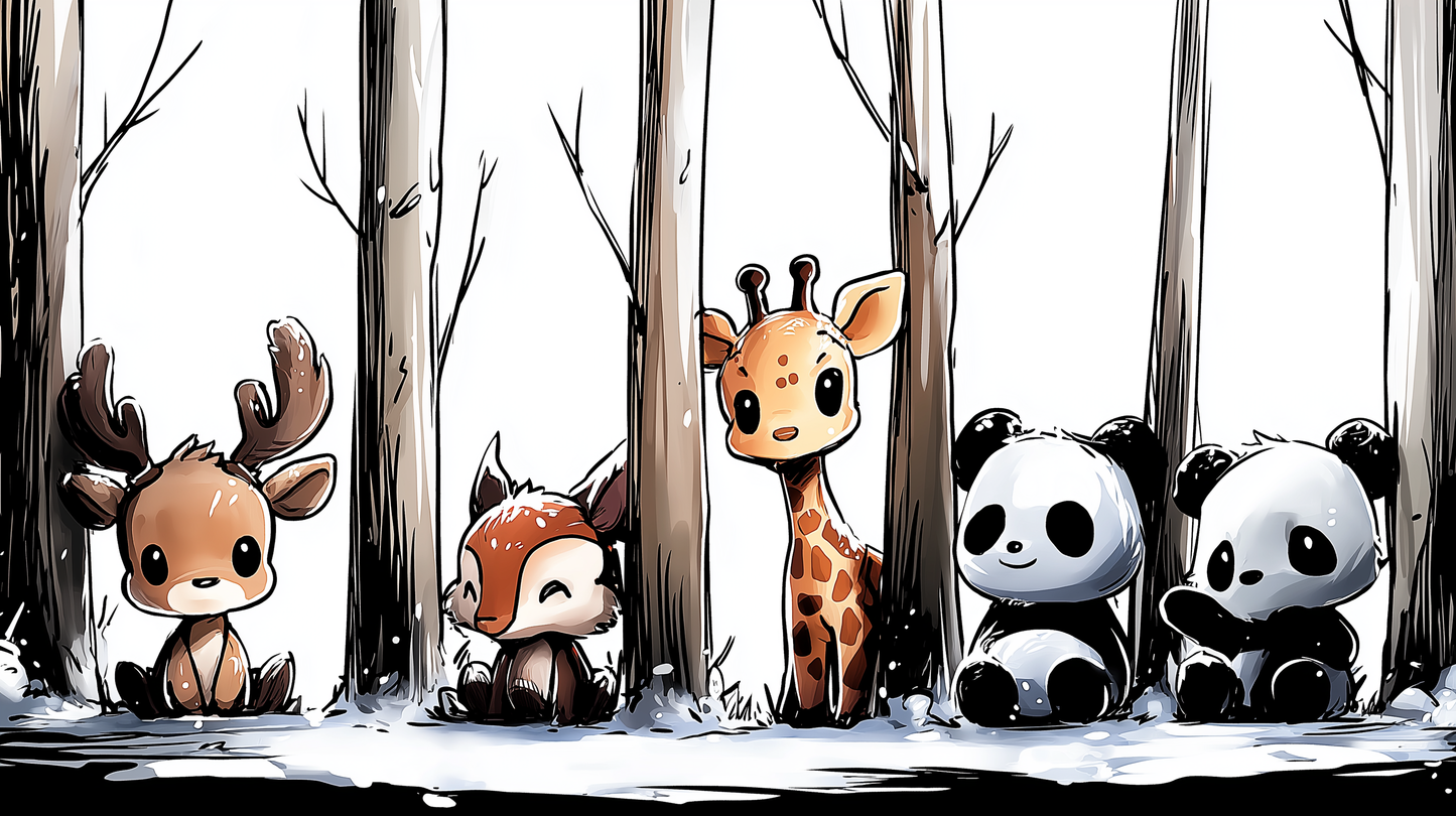 Kids-Mundo flat artwork of snowy forest animals including a deer, giraffe and two pandas