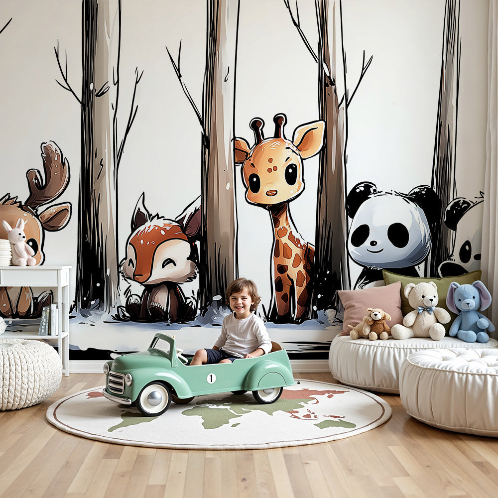 Kids-Mundo snowy forest animal wall mural with deer and panda shown in a soft nursery room