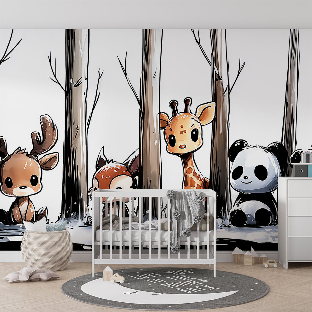 Kids-Mundo snowy woodland wall mural with deer, giraffe and panda shown in a bright playroom