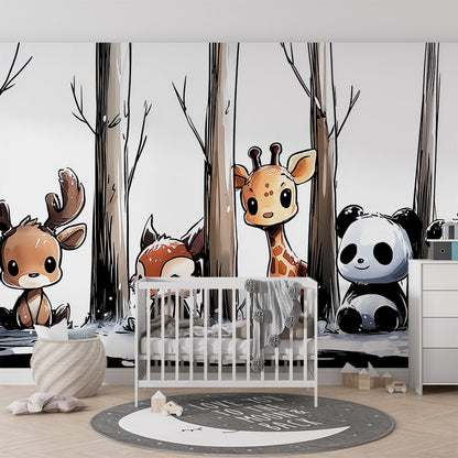 Kids-Mundo snowy woodland wall mural with deer, giraffe and panda shown in a bright playroom