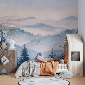 Winter forest wallpaper in modern kids bedroom with soft blue mountain scenery by Kids-Mundo