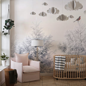 Winter forest wallpaper creating serene kids bedroom decor with multicolored snow-covered trees