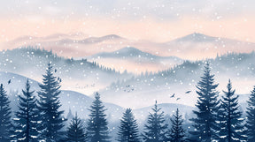 Detailed snowy forest and mountain mural wallpaper design pattern with pastel blue tones by Kids-Mundo