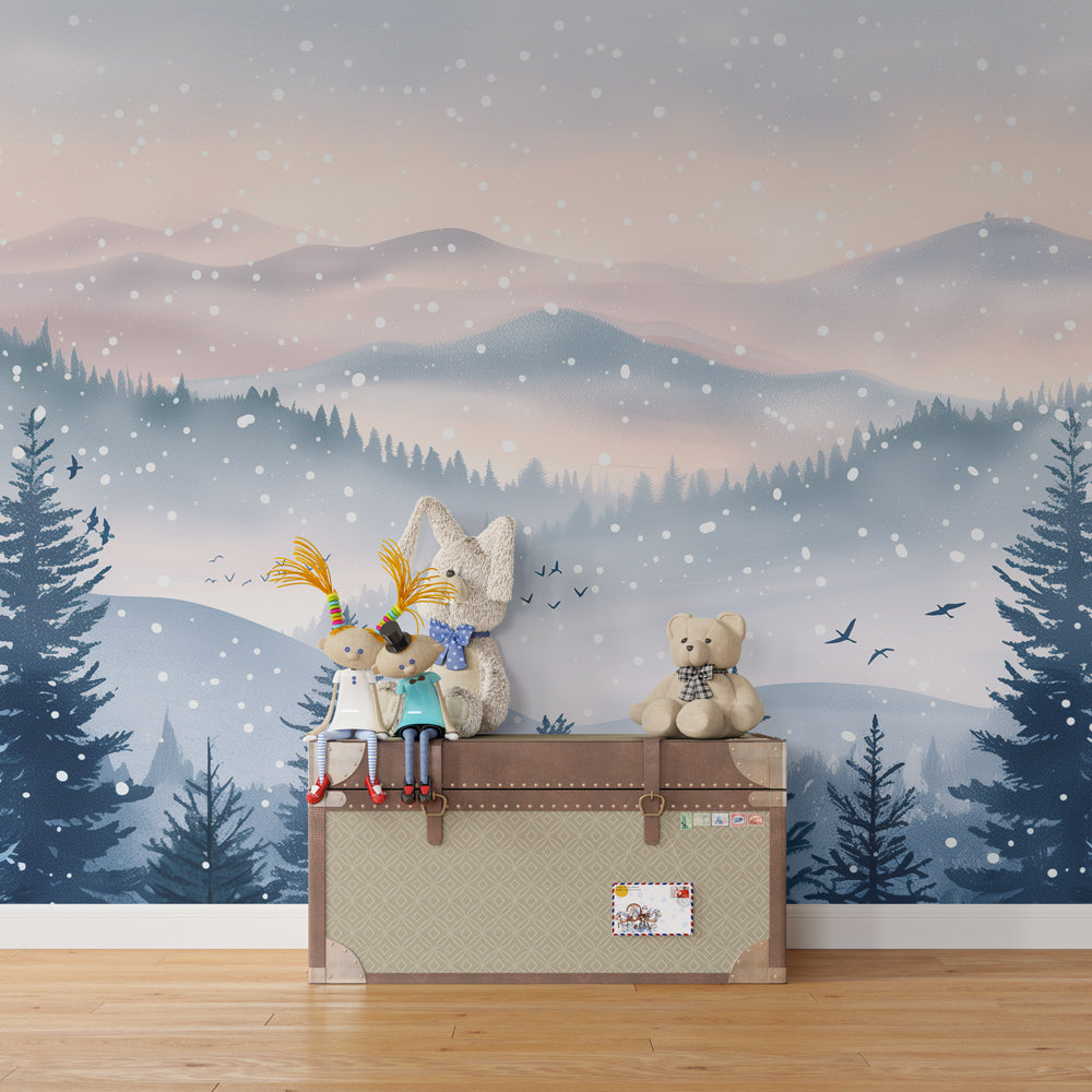 Mountain landscape mural wallpaper transforming children's room into winter wonderland by Kids-Mundo