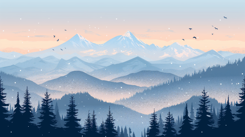 Kids-Mundo flat artwork preview of the snowy mountain and pine forest wall mural design