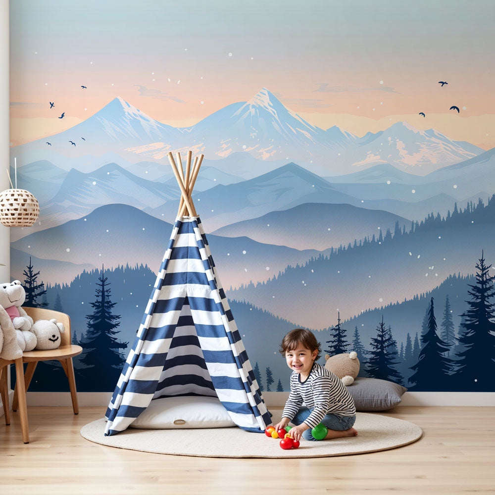 Kids-Mundo snowy mountain and pine forest wall mural styled in a calm baby nursery