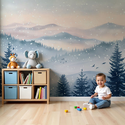 Kids-Mundo snowy pine forest wall mural on a nursery wall behind a white cot and soft rug.