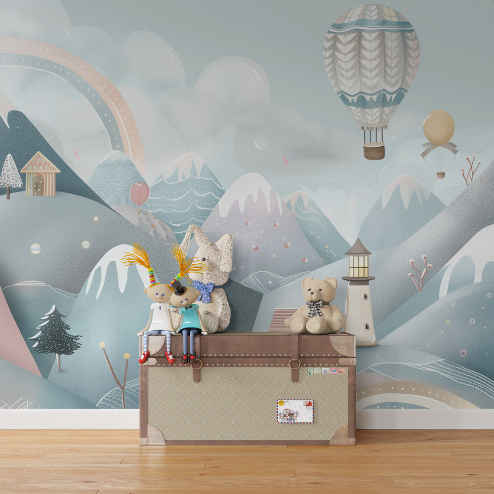 Kids-Mundo hot air balloon mountain village mural covering a feature wall in a child's bedroom