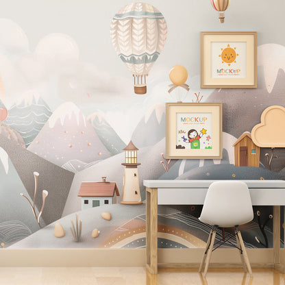 Kids-Mundo snowy mountain wall mural with hot air balloons and cabins in a bright playroom setting