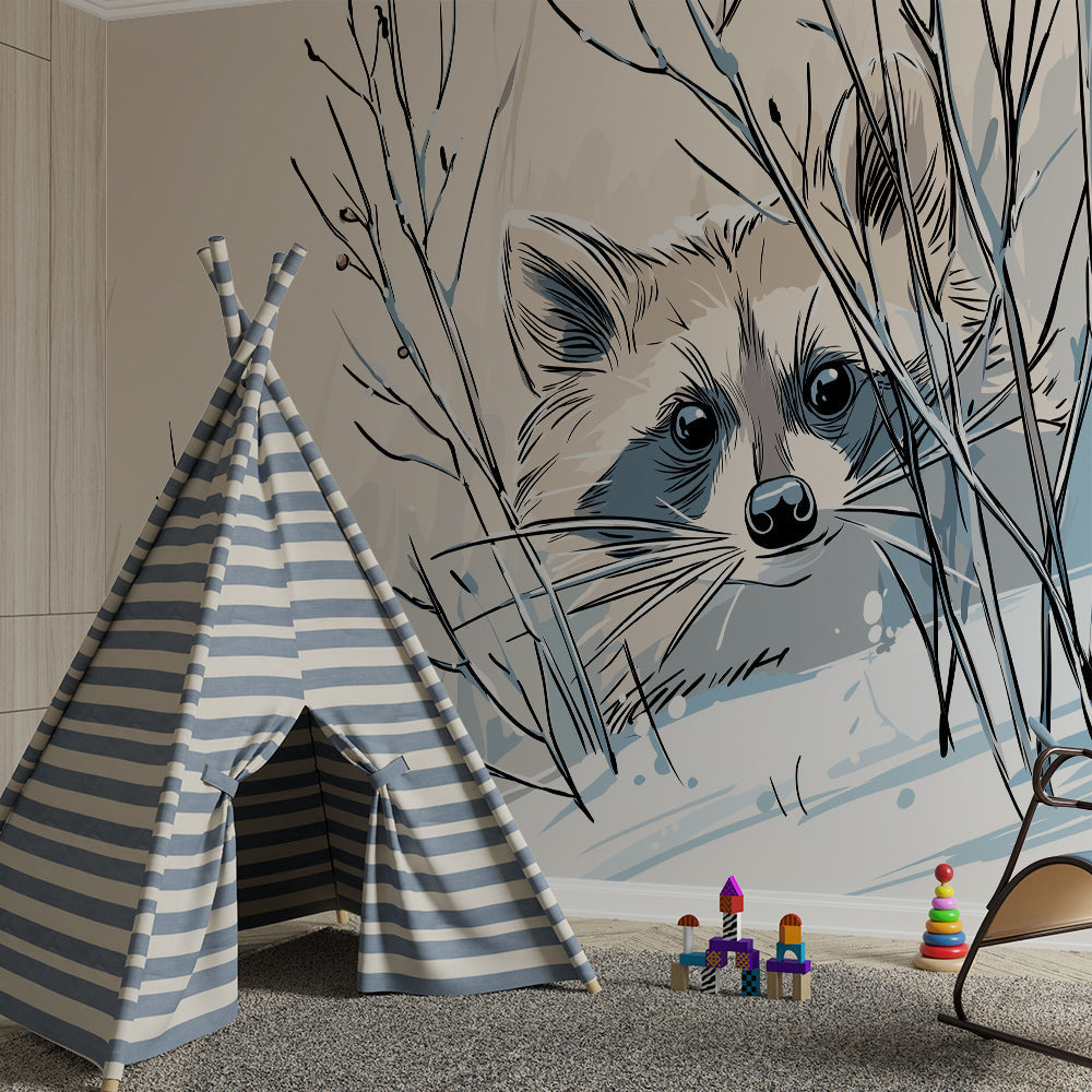 Kids-Mundo winter raccoon wallpaper mural in a cosy kids bedroom setting
