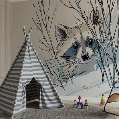 Kids-Mundo winter raccoon wallpaper mural in a cosy kids bedroom setting