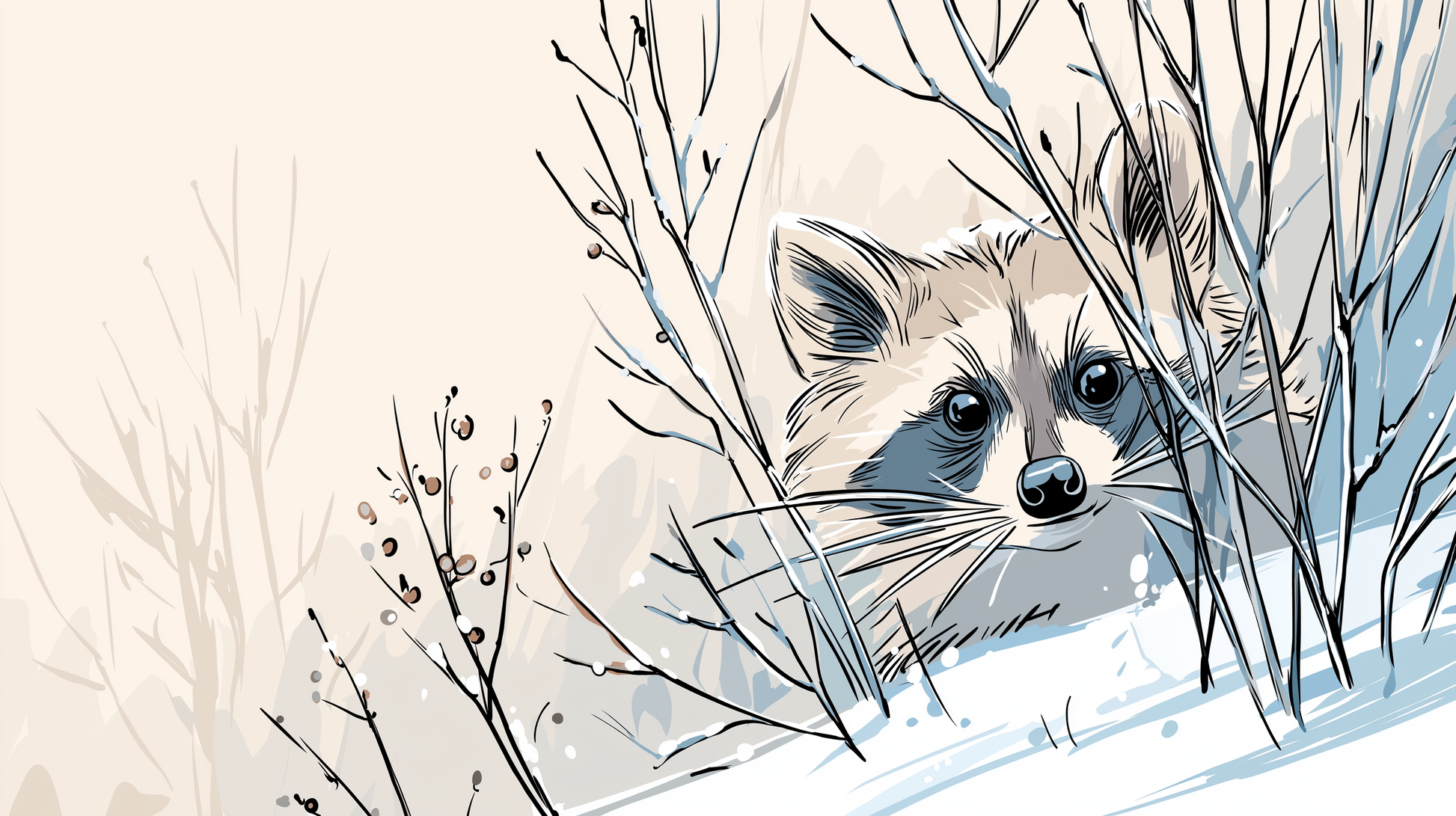 Kids-Mundo flat artwork of a raccoon peeking through snowy winter branches