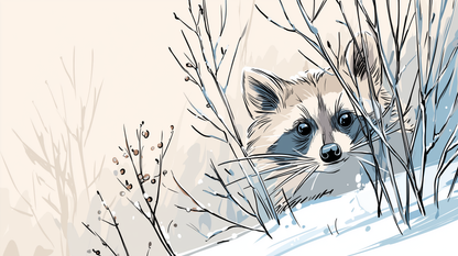 Kids-Mundo flat artwork of a raccoon peeking through snowy winter branches