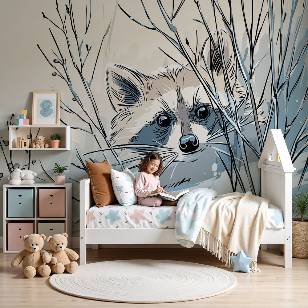 Kids-Mundo snowy raccoon wall mural styled in a calm children's nursery room