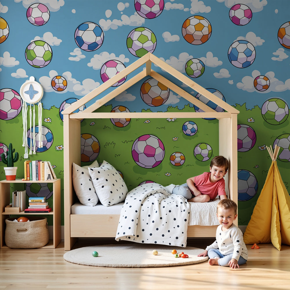 Soccer ball mural wallpaper in modern boys bedroom with blue sky and prairie design by Kids-Mundo
