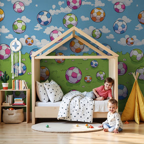 Soccer ball mural wallpaper in modern boys bedroom with blue sky and prairie design by Kids-Mundo