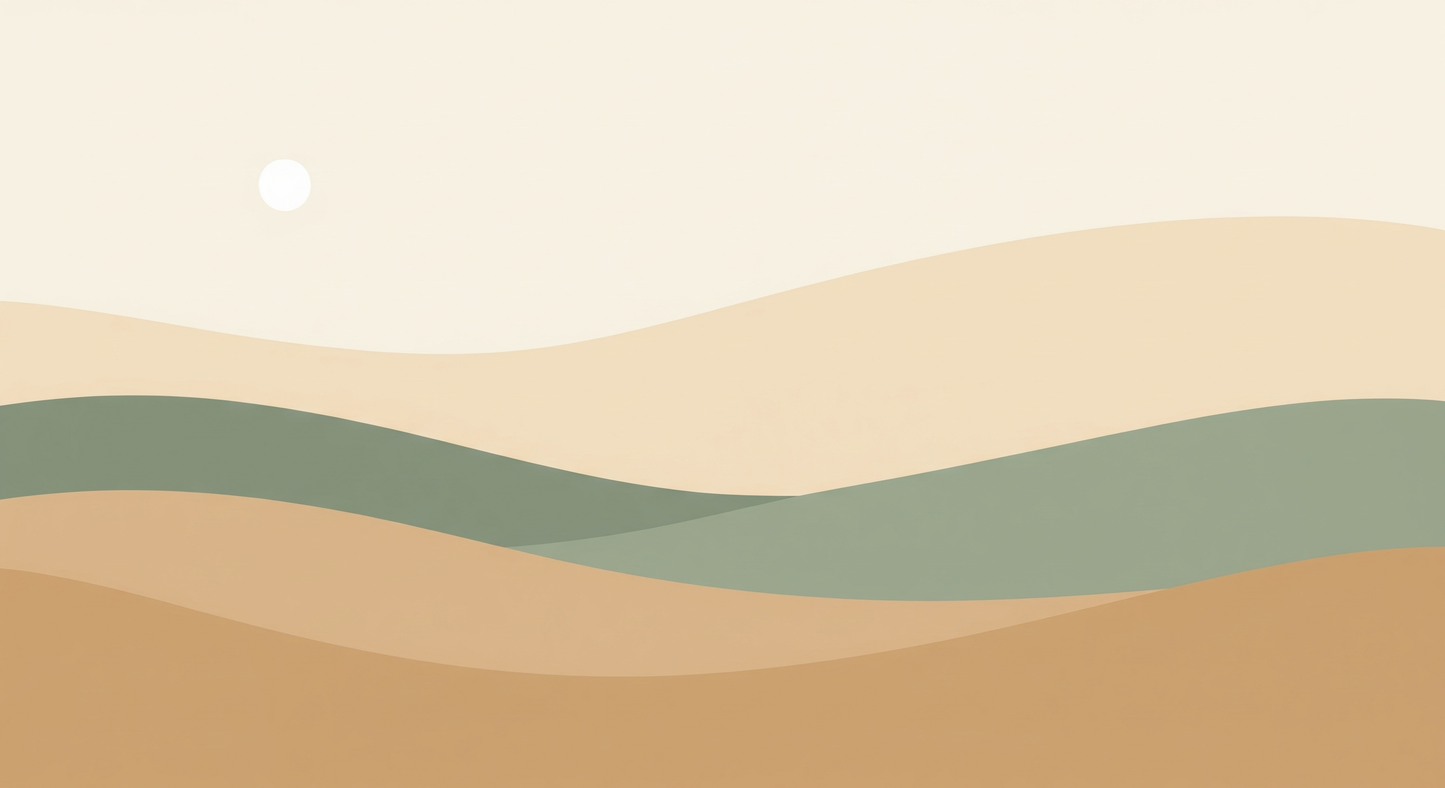 Kids-Mundo flat artwork of muted abstract waves in sand, sage green and cream with a pale sun
