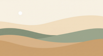 Kids-Mundo flat artwork of muted abstract waves in sand, sage green and cream with a pale sun