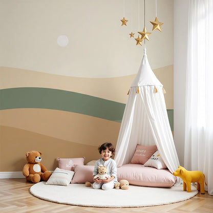 Kids-Mundo soft abstract wave wall mural in muted sand and sage tones behind a nursery cot